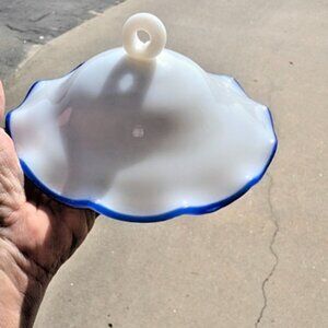 19th C White Milk Glass Smoke Bell with Blue Trim Ruffle Edge Applied Open Knob